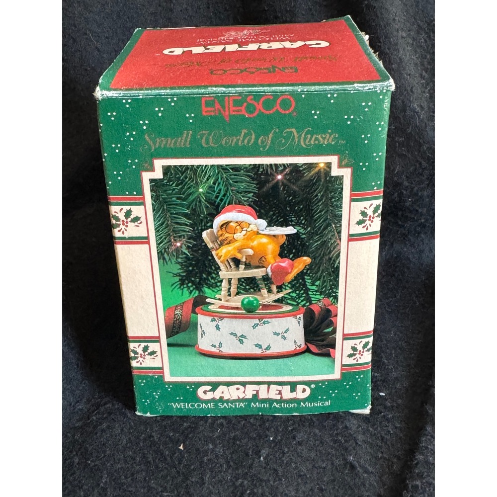 Vintage Enesco Garfield Welcome Santa Mini Action Musical Music Box 558710 1981